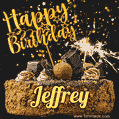 Celebrate Jeffrey's birthday with a GIF featuring chocolate cake, a lit sparkler, and golden stars