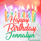 Bright birthday candles with rainbow flames on a cake, alongside the text 'Happy Birthday Jennalyn' in vibrant script in this celebratory animated GIF.