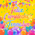 A bright and festive GIF with the text 'Feliz Cumpleaños Jennalyn' in Spanish in colorful fonts, surrounded by confetti, balloons, and festive banners on a vibrant yellow background.