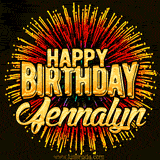 Golden 'Happy Birthday Jennalyn' text accompanied by animated rainbow fireworks for a festive animated greeting.