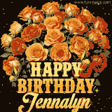 Animated bouquet of orange roses with moving butterfles and golden 'Happy Birthday Jennalyn' text, surrounded by sparkling accents and a dark backdrop for a luxurious feel.