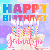 A vibrant animated name GIF with the words 'Happy Birthday Jennalyn' with colorful candles on a creamy cake. The background sparkles with pastel shades, adding a festive touch.