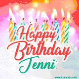 Bright birthday candles with rainbow flames on a cake, alongside the text 'Happy Birthday Jenni' in vibrant script in this celebratory animated GIF.