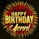 Golden 'Happy Birthday Jenni' text accompanied by animated rainbow fireworks for a festive animated greeting.