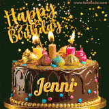 A delightful chocolate birthday cake with bright candles and 'Happy Birthday Jenni' written in gold amidst a shower of animated stars.