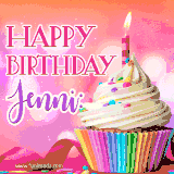 A vibrant birthday GIF featuring a rainbow-colored cupcake topped with white frosting, sprinkles, and a lit candle. The text reads 'Happy Birthday Jenni' in bold pink and violet letters with white outline.
