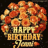 Animated bouquet of orange roses with moving butterfles and golden 'Happy Birthday Jenni' text, surrounded by sparkling accents and a dark backdrop for a luxurious feel.