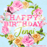 A charming animated GIF featuring 'Happy Birthday Jenni' in pink and green text, surrounded by delicate roses, leaves, and fluttering butterflies on a soft light blue pastel background.