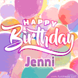 A vibrant name GIF featuring colorful balloons in shades of pink, orange, and yellow with the bold text 'Happy Birthday Jenni' in festive fonts, creating a lively birthday vibe.