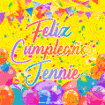 A bright and festive GIF with the text 'Feliz Cumpleaños Jennie' in Spanish in colorful fonts, surrounded by confetti, balloons, and festive banners on a vibrant yellow background.