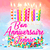 A white birthday cake covered in colorful sprinkles, topped with bright candles, and French text 'Bon Anniversaire Jennie' on a pastel gradient background in an animated GIF.