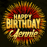 Golden 'Happy Birthday Jennie' text accompanied by animated rainbow fireworks for a festive animated greeting.