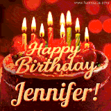 Beautifully decorated red velvet berry birthday cake with vibrant fruits and a glowing 'Jennifer' name, adding a touch of sweetness and sparkle.