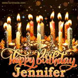 A glowing personalized birthday GIF with name Jennifer featuring lit candles with intricate designs, warm lighting, and the text 'Happy Birthday' in an elegant font.