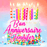 A white birthday cake covered in colorful sprinkles, topped with bright candles, and French text 'Bon Anniversaire Jennifer' on a pastel gradient background in an animated GIF.
