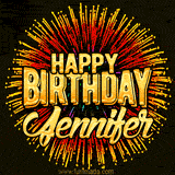 Golden 'Happy Birthday Jennifer' text accompanied by animated rainbow fireworks for a festive animated greeting.