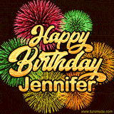 Golden text reading 'Happy Birthday Jennifer' surrounded by vibrant fireworks in red, green, and yellow, set against a dark background in this celebratory birthday GIF.