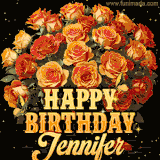 Animated bouquet of orange roses with moving butterfles and golden 'Happy Birthday Jennifer' text, surrounded by sparkling accents and a dark backdrop for a luxurious feel.