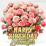 Golden 'Happy Birthday Jennifer' text beneath a vibrant bouquet of orange roses, complete with glittering butterflies and sparkling details.