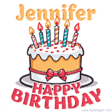 Cartoon birthday cake with a red bow, glowing candles, and 'Jennifer Happy Birthday' text in bold animated style.