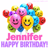 Animated colorful and joyful birthday balloons with cheerful smiles and a bright 'Happy Birthday Jennifer!' message in pink and purple.