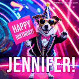 Animated GIF of a cool dog wearing a suit and sunglasses, holding a 'Happy Birthday' sign for Jennifer, set against a bright and colorful neon party background.