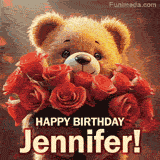 Cinematic style cute animated teddy bear with charming features holding a large bouquet of red roses, the words say 'Happy Birthday Jennifer' in sans serif font.