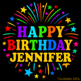 Personalized greeting card with name, colorful text that says 'Happy Birthday Jennifer' surrounded by animated fireworks and multicolor stars