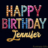 Vibrant luxury birthday greeting card for Jennifer, showing glittering gemstone letters and golden calligraphy on a dark background with twinkling shine effects.