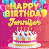 Pink-themed animated greeting with balloons, confetti, and a frosted cake under the message 'Happy Birthday Jennifer' in bold rounded yellow font.