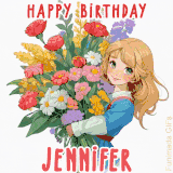 Bright floral birthday animation for Jennifer showing a cute cartoon girl with golden hair and expressive eyes holding a huge bouquet, surrounded by birthday text.