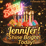 Festive chocolate cake GIF with the name Jennifer! written on the dark glaze under flickering candles.
