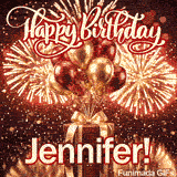 Festive red gift box GIF with the name Jennifer written in bold script under metallic balloons.