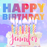 A vibrant animated name GIF with the words 'Happy Birthday Jennifer' with colorful candles on a creamy cake. The background sparkles with pastel shades, adding a festive touch.