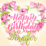 A stunning heart made of pink roses surrounds the elegant script text 'Happy Birthday Jennifer' on a soft beige background. Animated sparkles add a magical and festive feel.