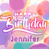 A vibrant name GIF featuring colorful balloons in shades of pink, orange, and yellow with the bold text 'Happy Birthday Jennifer' in festive fonts, creating a lively birthday vibe.