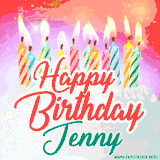 Bright birthday candles with rainbow flames on a cake, alongside the text 'Happy Birthday Jenny' in vibrant script in this celebratory animated GIF.