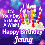 A colorful birthday GIF for Jenny featuring a cupcake with vibrant lit candles and the text 'It's Your Day to Make a Wish! Happy Birthday Jenny' in bold letters on a festive purple background.