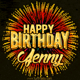 Golden 'Happy Birthday Jenny' text accompanied by animated rainbow fireworks for a festive animated greeting.