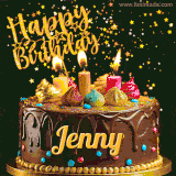 A delightful chocolate birthday cake with bright candles and 'Happy Birthday Jenny' written in gold amidst a shower of animated stars.