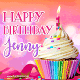 A vibrant birthday GIF featuring a rainbow-colored cupcake topped with white frosting, sprinkles, and a lit candle. The text reads 'Happy Birthday Jenny' in bold pink and violet letters with white outline.
