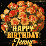 Animated bouquet of orange roses with moving butterfles and golden 'Happy Birthday Jenny' text, surrounded by sparkling accents and a dark backdrop for a luxurious feel.