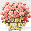 Birthday wishes to Jenny with a charming GIF featuring pink roses, butterflies and golden quote