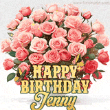 Golden 'Happy Birthday Jenny' text beneath a vibrant bouquet of orange roses, complete with glittering butterflies and sparkling details.