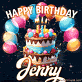 Hand-drawn happy birthday cake adorned with an arch of colorful balloons - name GIF for Jenny