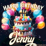 Bright birthday animation for Jenny with a chocolate cake, candles, balloons, and glowing celebratory lights.