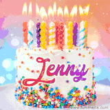 A cheerful white birthday cake with multicolor sprinkles, lit candles, and 'Jenny' written in vibrant letters, in an animated GIF.
