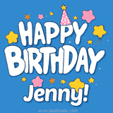 Colorful animated birthday card with the text 'HAPPY BIRTHDAY Jenny!' in a white playful font surrounded by stars, hearts, and a party hat on a blue background.