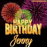 A golden 'Happy Birthday Jenny' message with vibrant fireworks in the background, creating a festive and celebratory vibe in this animated name GIF.