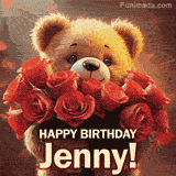 Cinematic style cute animated teddy bear with charming features holding a large bouquet of red roses, the words say 'Happy Birthday Jenny' in sans serif font.